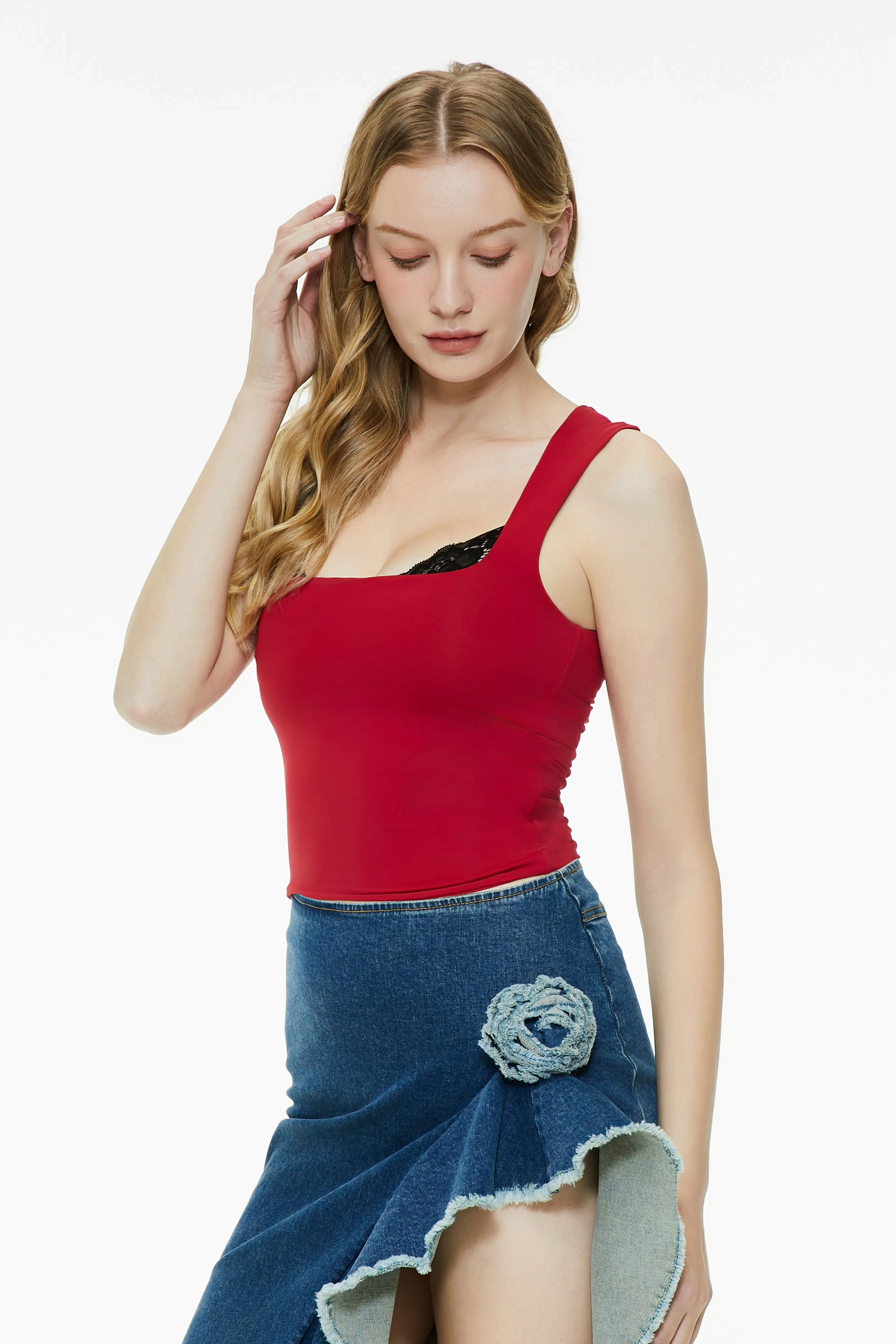 Red lace trim tank top with a square neckline and wide shoulder straps