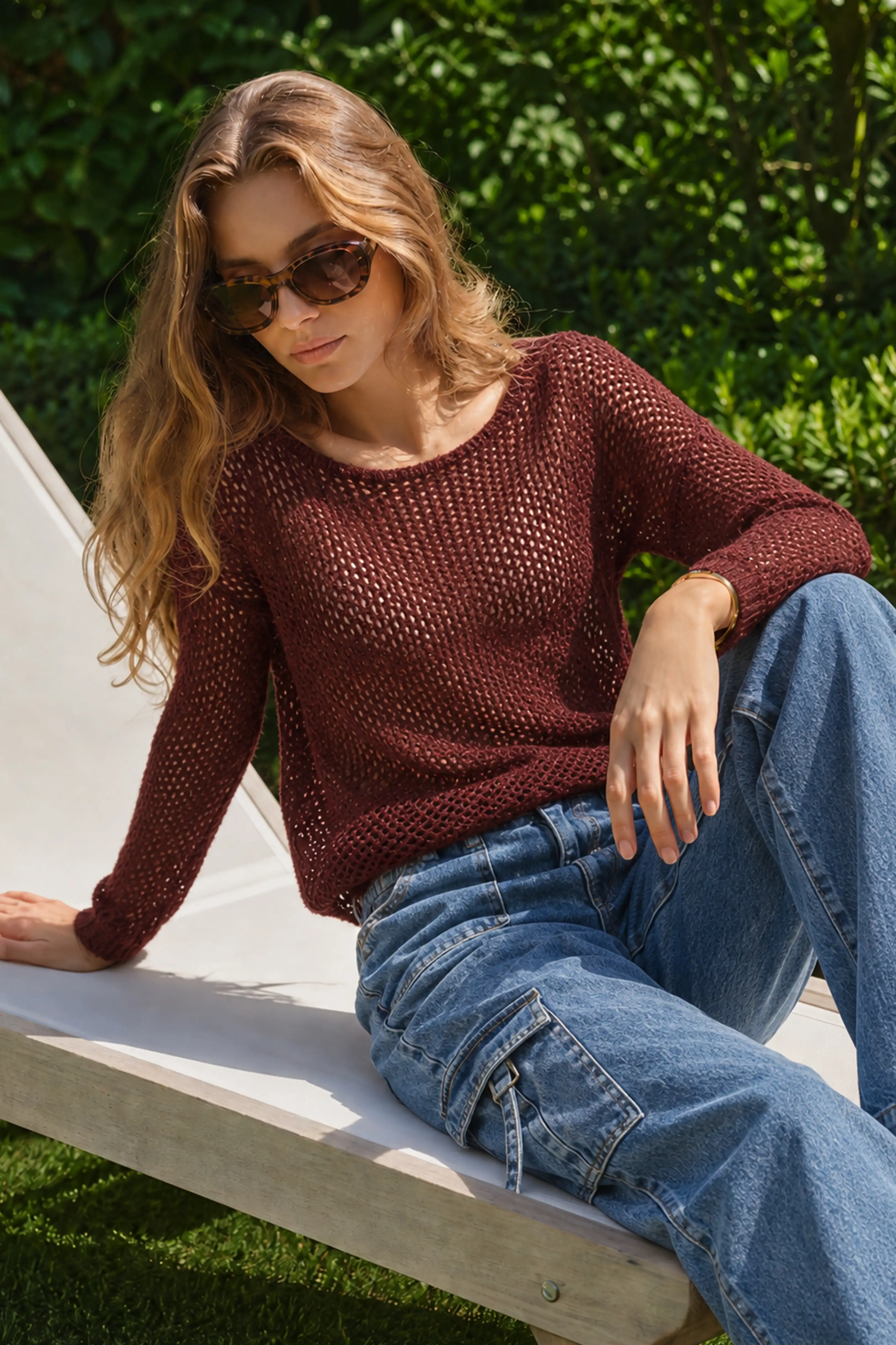 Drop Shoulder Relaxed Open Knit Sweater