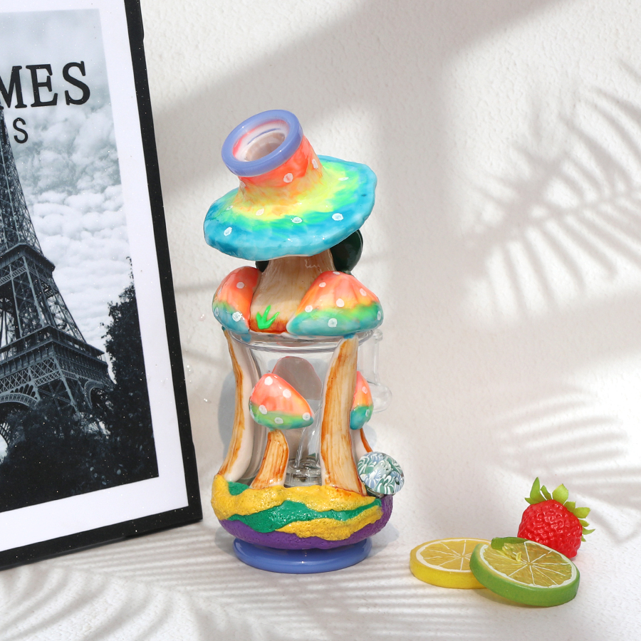 3D Hand Made Mushroom Design Glass Bong, Glass Water Pipe, with 14 MM Male Joint Quartz Banger