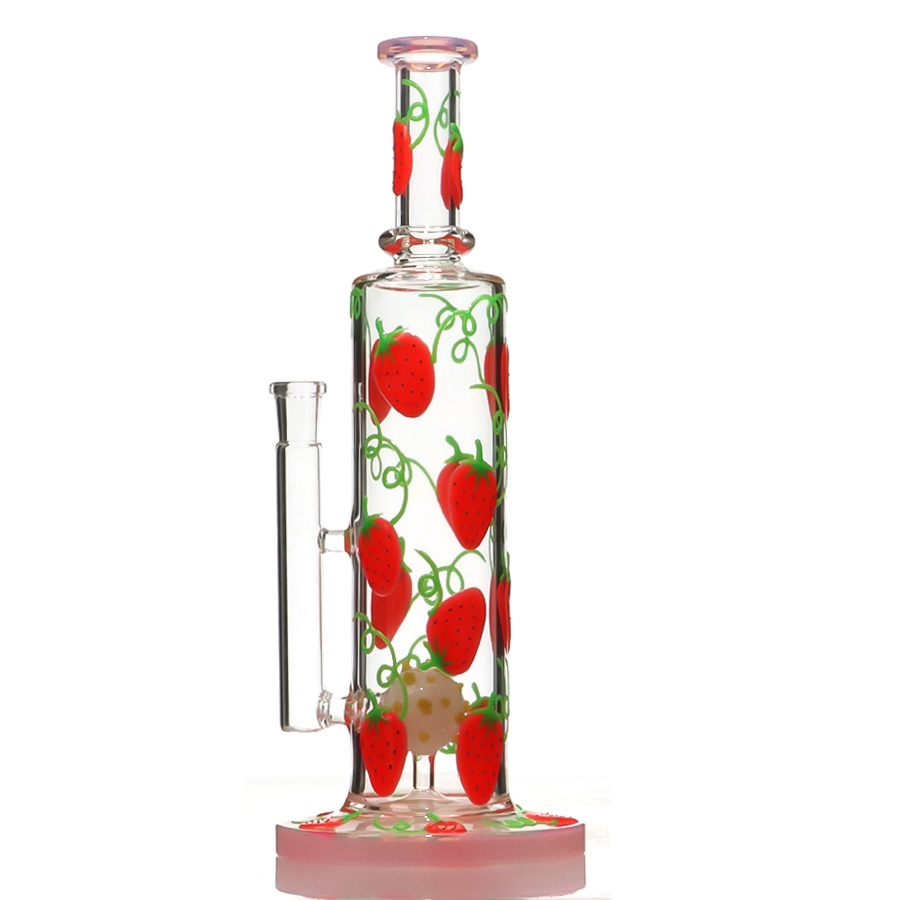 3D Painted Strawberry Stright Bong with Ball Perc，Hand Painted Bong