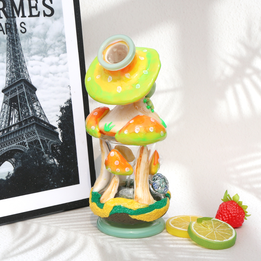 3D Hand Made Mushroom Design Glass Bong, Glass Water Pipe, with 14 MM Male Joint Quartz Banger