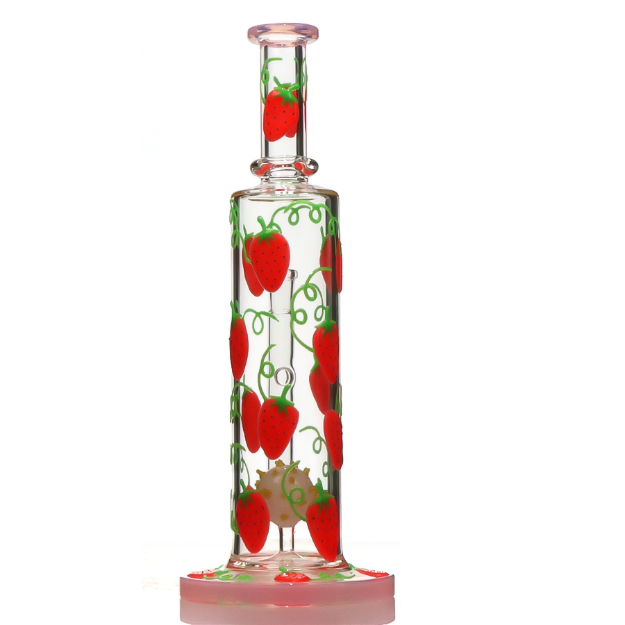 3D Painted Strawberry Stright Bong with Ball Perc，Hand Painted Bong