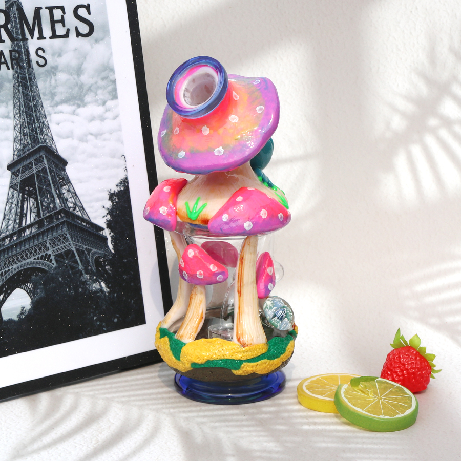 3D Hand Made Mushroom Design Glass Bong, Glass Water Pipe, with 14 MM Male Joint Quartz Banger