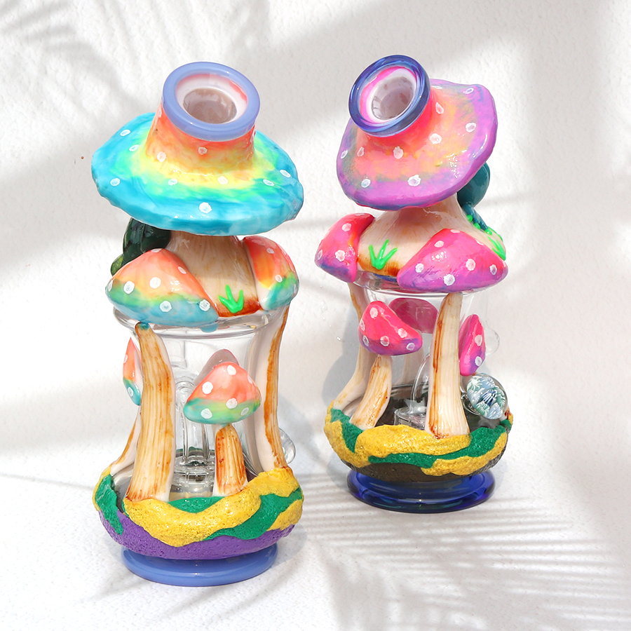 3D Hand Made Mushroom Design Glass Bong, Glass Water Pipe, with 14 MM Male Joint Quartz Banger