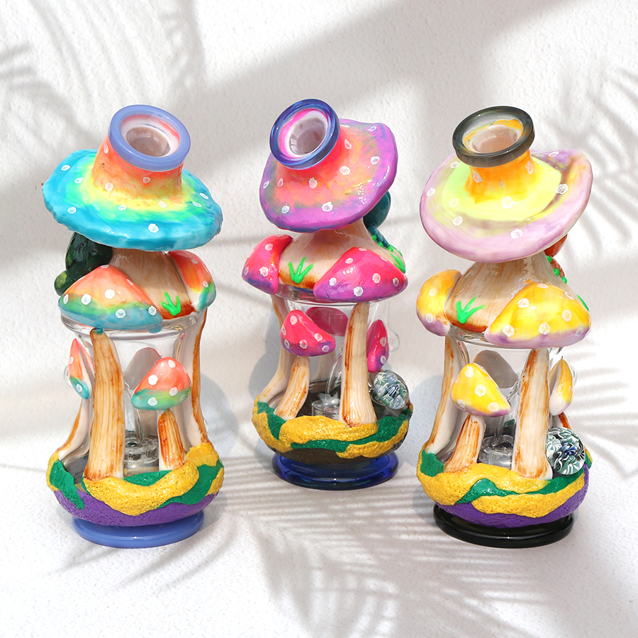 3D Hand Made Mushroom Design Glass Bong, Glass Water Pipe, with 14 MM Male Joint Quartz Banger