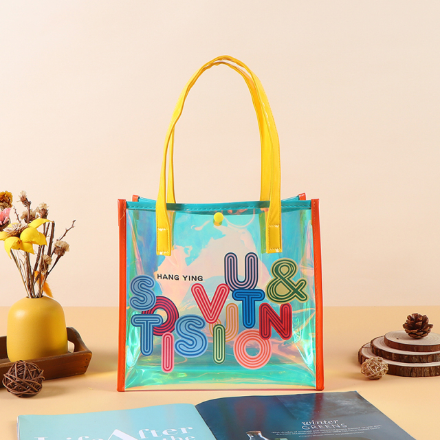 PVC Transparent Tote Bag - Iridescent Laser Shopping & Gift Bag, Exhibition Jelly Bag, Waterproof Thickened One-Shoulder Bag