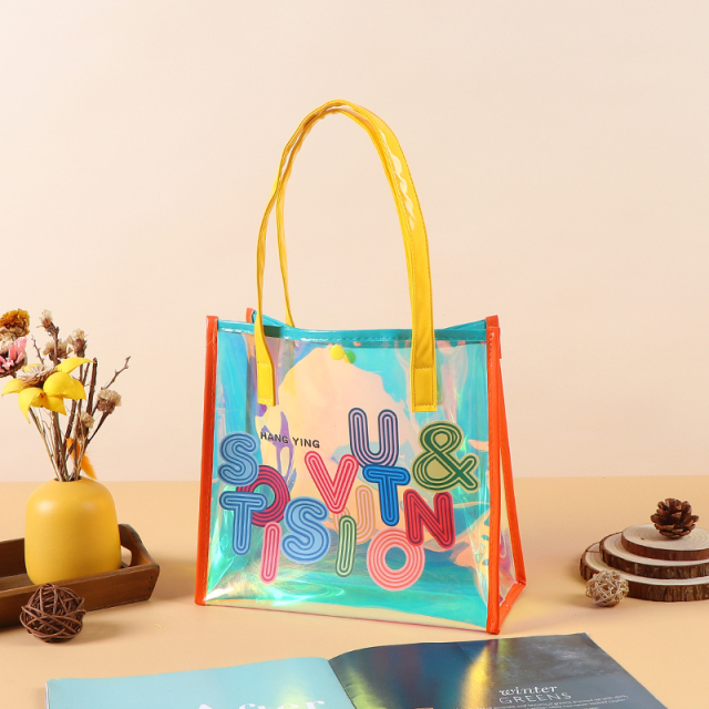PVC Transparent Tote Bag - Iridescent Laser Shopping & Gift Bag, Exhibition Jelly Bag, Waterproof Thickened One-Shoulder Bag
