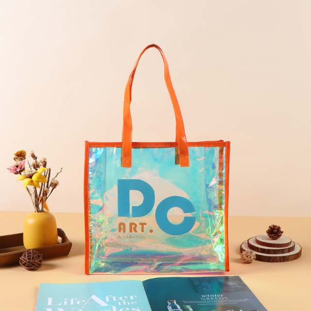 PVC Transparent Tote Bag - Iridescent Laser Shopping & Gift Bag, Exhibition Jelly Bag, Waterproof Thickened One-Shoulder Bag