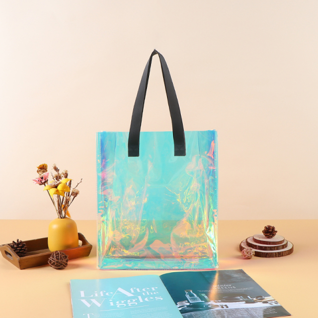 PVC Transparent Tote Bag - Iridescent Laser Shopping & Gift Bag, Exhibition Jelly Bag, Waterproof Thickened One-Shoulder Bag