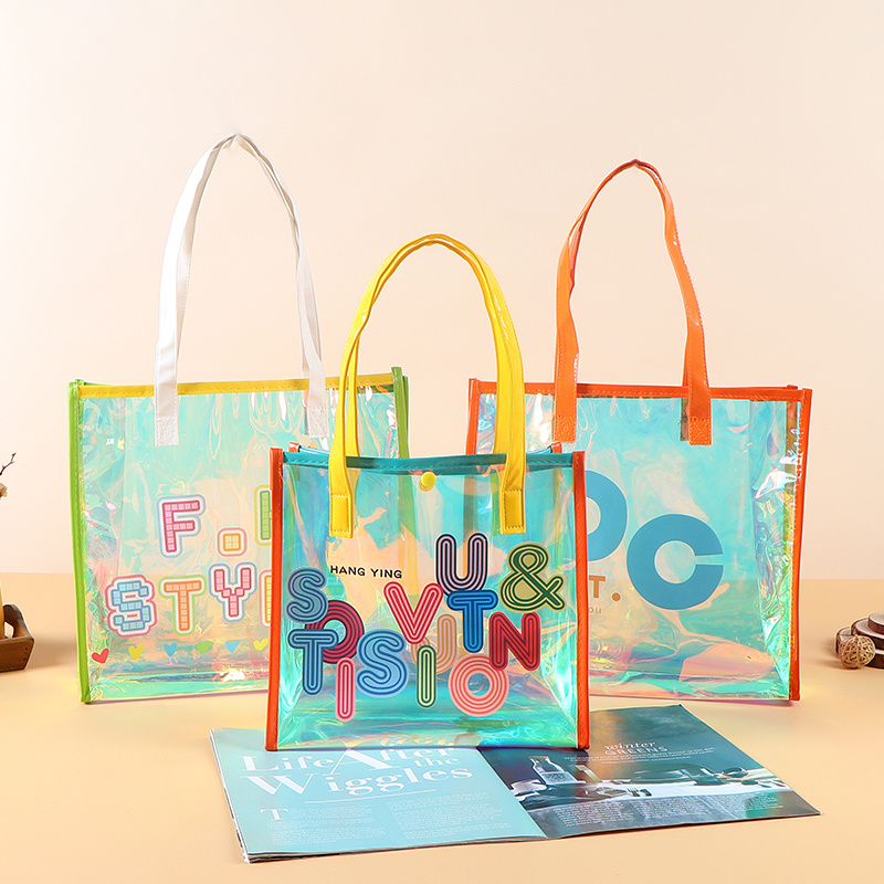 PVC Transparent Tote Bag - Iridescent Laser Shopping & Gift Bag, Exhibition Jelly Bag, Waterproof Thickened One-Shoulder Bag,Iridescent PVC Tote Bag - Durable Custom PVC Bags Wholesale