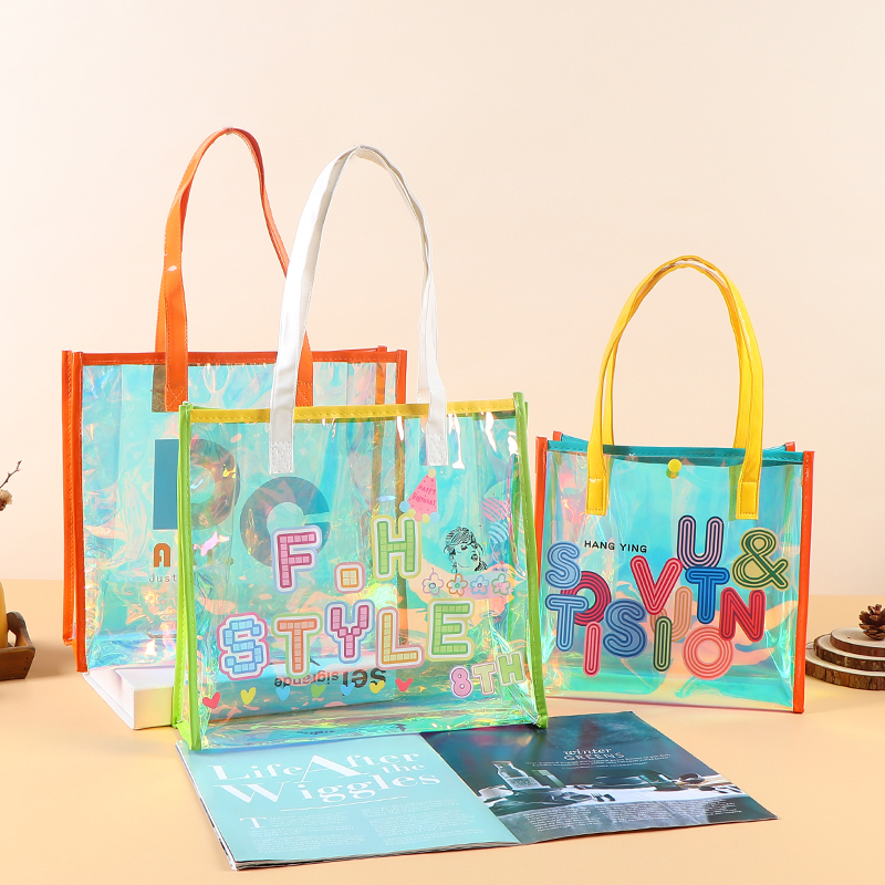 PVC Transparent Tote Bag - Iridescent Laser Shopping & Gift Bag, Exhibition Jelly Bag, Waterproof Thickened One-Shoulder Bag,Iridescent PVC Tote Bag - Durable Custom PVC Bags Wholesale