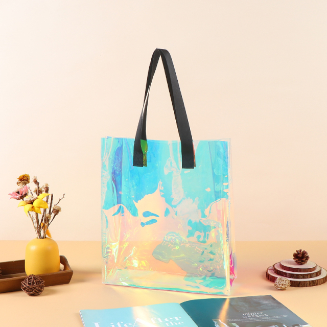 PVC Transparent Tote Bag - Iridescent Laser Shopping & Gift Bag, Exhibition Jelly Bag, Waterproof Thickened One-Shoulder Bag