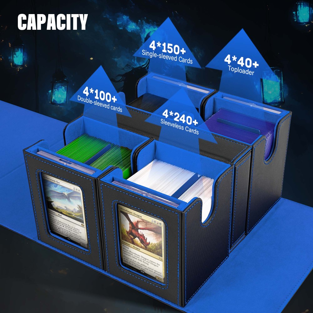 Card Deck Box for MTG with Commander Display, 5 in 1 Card Storage Box Fits 400+ Double-sleeved Cards, Removable Deck Case for TCG/Sports Cards with Dice Tray, 4 Magnetic Card Holders (Black Blue)