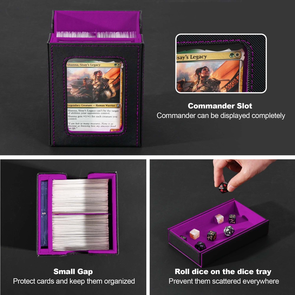 Kabinka Commander Deck Box for MTG Fits 400+ Double-Sleeved Card Storage, 5 IN 1 Removable Card Case with Dice Tray, Display Window for TCG/PTCG/EDH, 4 Magnetic One Touch Holders (Black Purple)