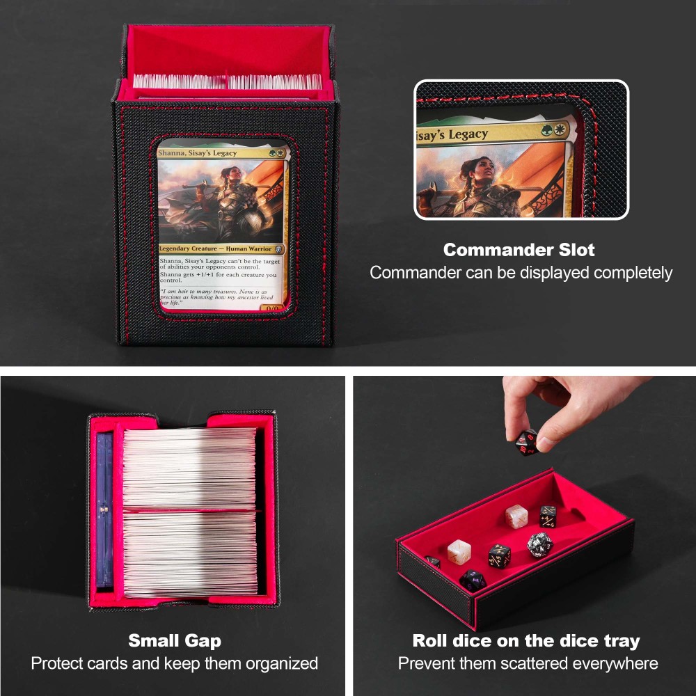 Kabinka Commander Deck Box for MTG Fits 400+ Double-Sleeved Card Storage, 5 IN 1 Removable Card Case with Dice Tray, Display Window for TCG/PTCG/EDH, 4 Magnetic One Touch Holders (Black Red)