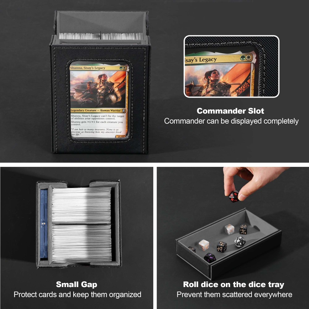 Kabinka Commander Deck Box for MTG Fits 400+ Double-Sleeved Card Storage, 5 IN 1 Removable Card Case with Dice Tray, Display Window for TCG/PTCG/EDH, 4 Magnetic One Touch Holders (Black)