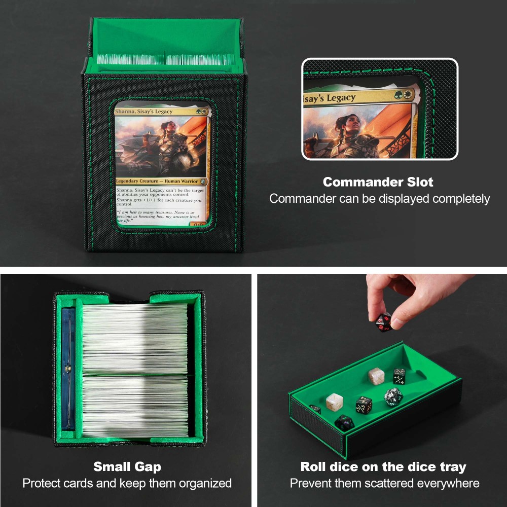 Card Deck Box for MTG with Commander Display, 5 in 1 Card Storage Box Fits 400+ Double-sleeved Cards, Removable Deck Case for TCG/Sports Cards with Dice Tray, 4 Magnetic Card Holders (Black Green)