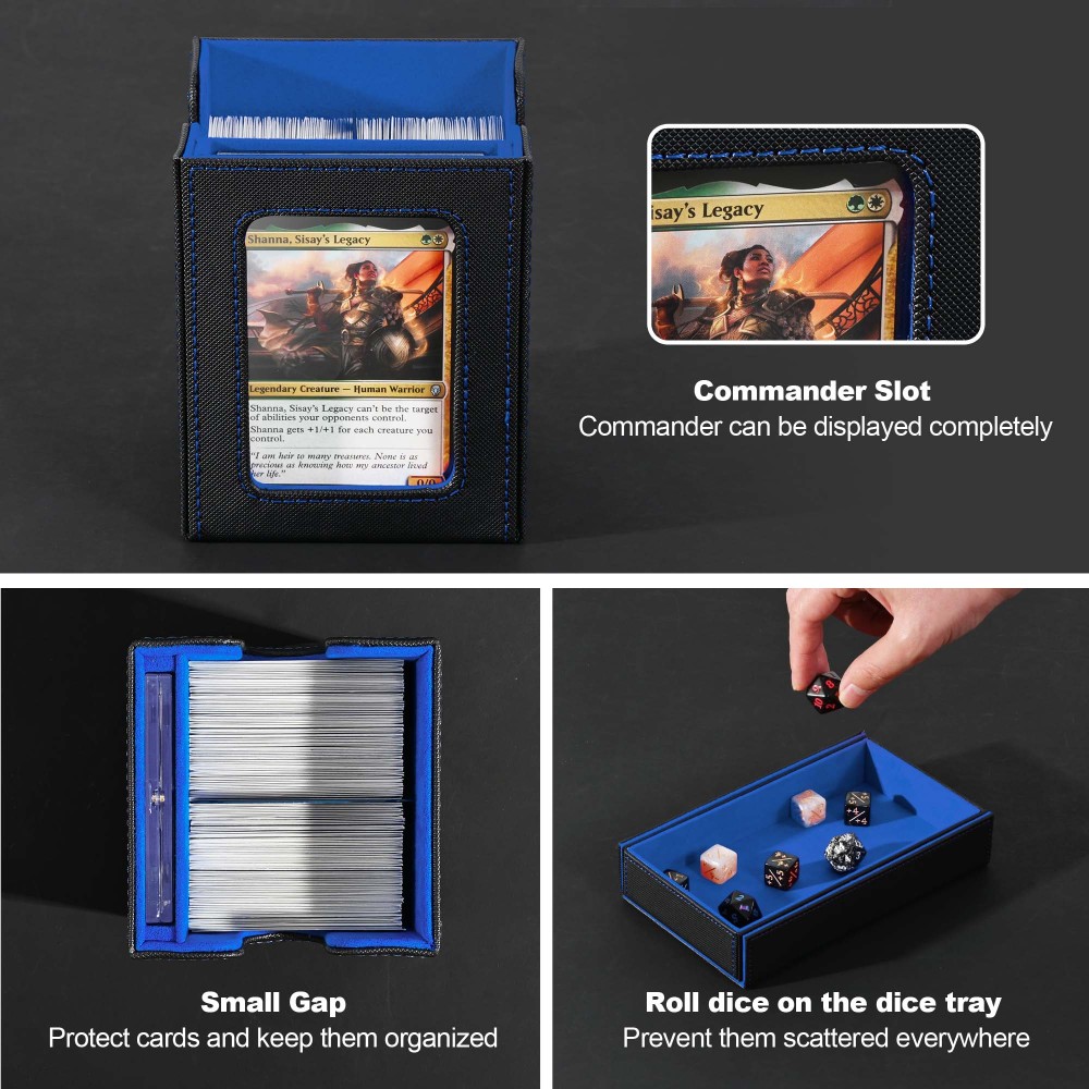 Card Deck Box for MTG with Commander Display, 5 in 1 Card Storage Box Fits 400+ Double-sleeved Cards, Removable Deck Case for TCG/Sports Cards with Dice Tray, 4 Magnetic Card Holders (Black Blue)