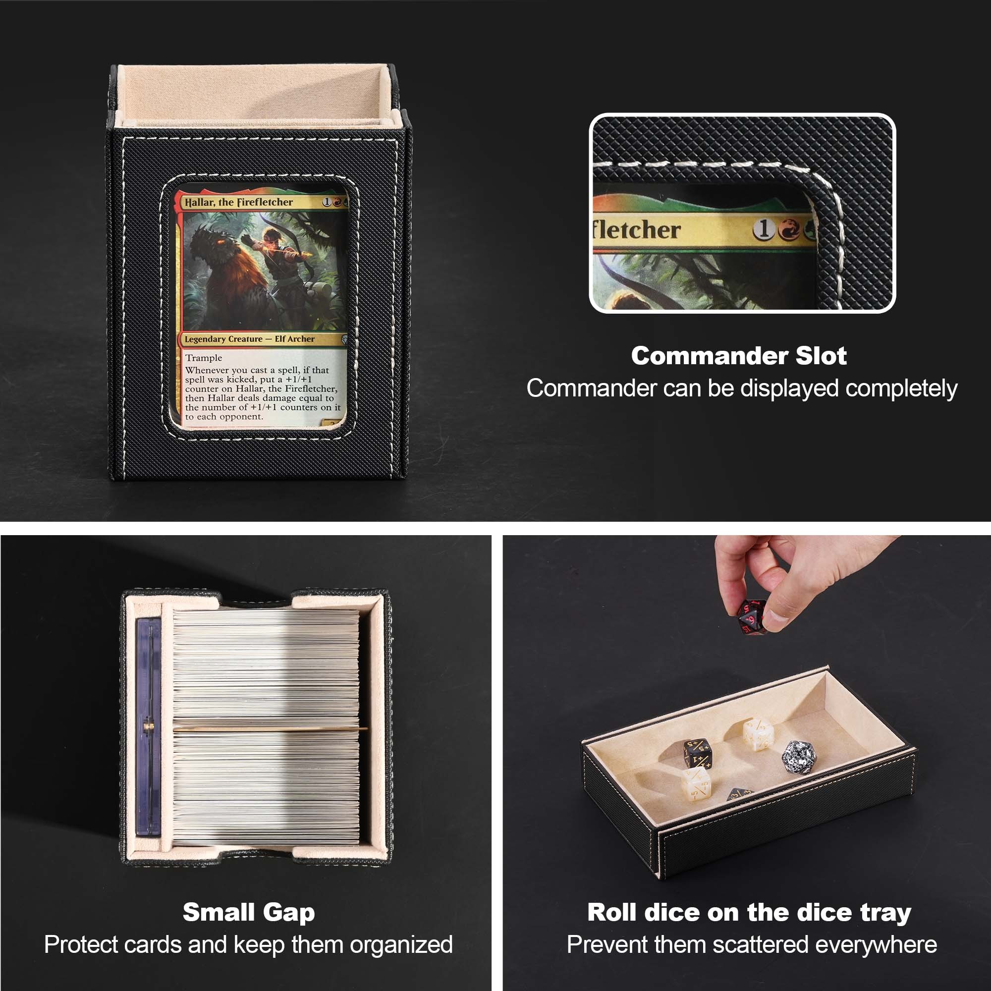 Card Deck Box for MTG with Commander Display, 5 in 1 Card Storage Box Fits 400+ Double-sleeved Cards, Removable Deck Case for TCG/Sports Cards with Dice Tray, 4 Magnetic Card Holders (Black Gold)