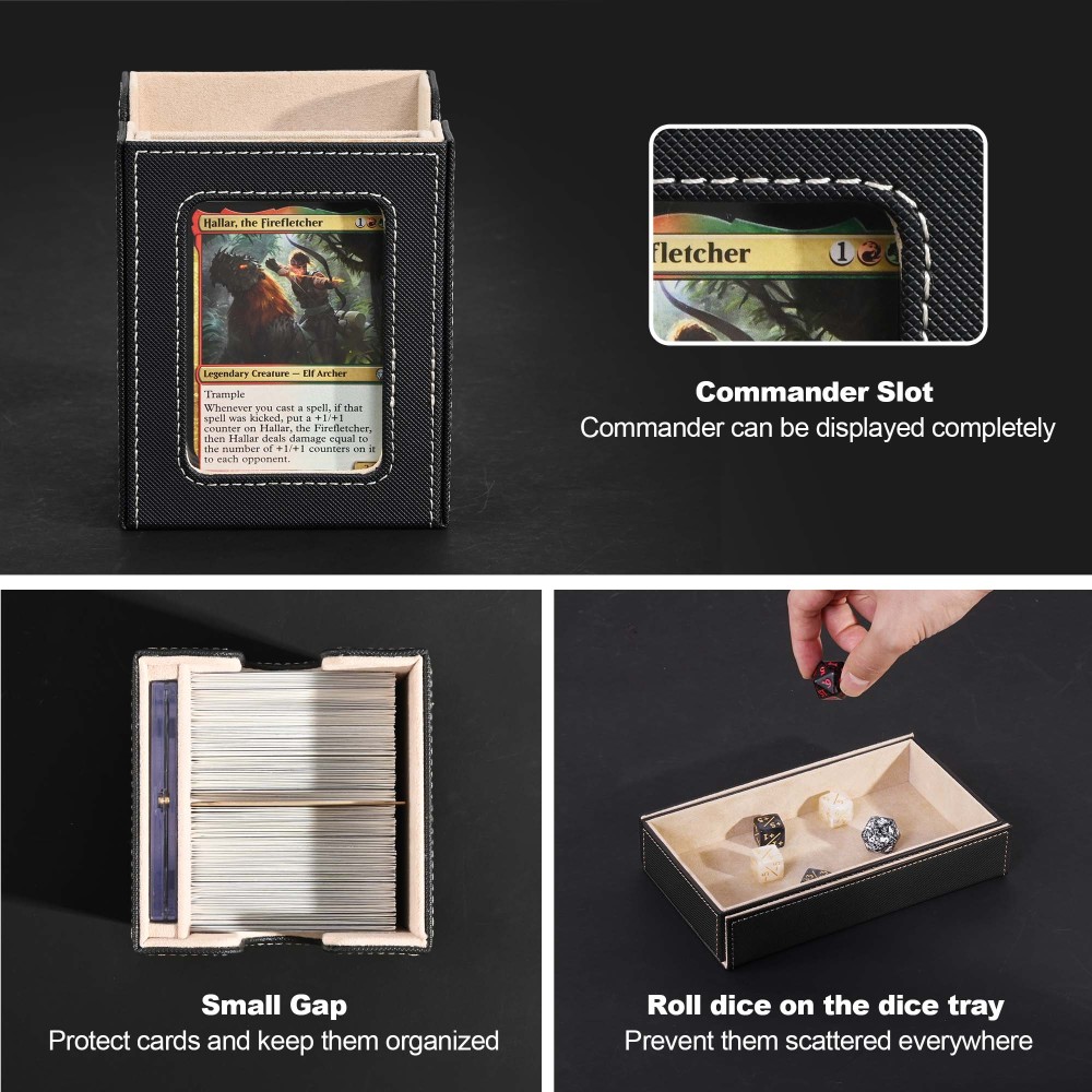 Card Deck Box for MTG with Commander Display, 5 in 1 Card Storage Box Fits 400+ Double-sleeved Cards, Removable Deck Case for TCG/Sports Cards with Dice Tray, 4 Magnetic Card Holders (Black Gold)