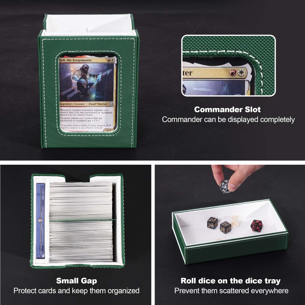 Card Deck Box for MTG with Commander Display, 5 in 1 Card Storage Box Fits 400+ Double-sleeved Cards, Removable Deck Case for TCG/Sports Cards with Dice Tray, 4 Magnetic Card Holders (Green White)