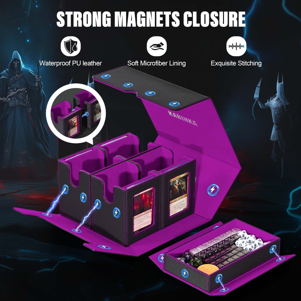 Kabinka Commander Deck Box for MTG Fits 400+ Double-Sleeved Card Storage, 5 IN 1 Removable Card Case with Dice Tray, Display Window for TCG/PTCG/EDH, 4 Magnetic One Touch Holders (Black Purple)