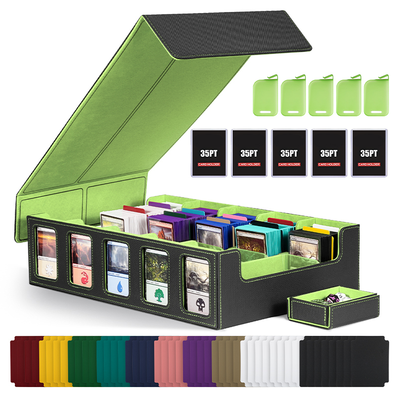 Trading Card Storage Box with Commander Display , 5-Row Deck Case with Removable Lid; 3900+ Card Deck Box for MTG TCG Sports Card, 5 Toploaders, 5 Stoppers, 48 Dividers,1 Dice Tray (Black Purple)