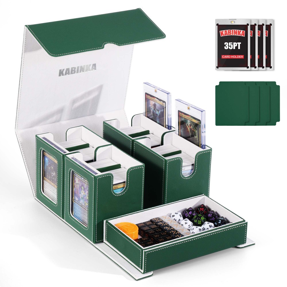 Card Deck Box for MTG with Commander Display, 5 in 1 Card Storage Box Fits 400+ Double-sleeved Cards, Removable Deck Case for TCG/Sports Cards with Dice Tray, 4 Magnetic Card Holders (Green White)