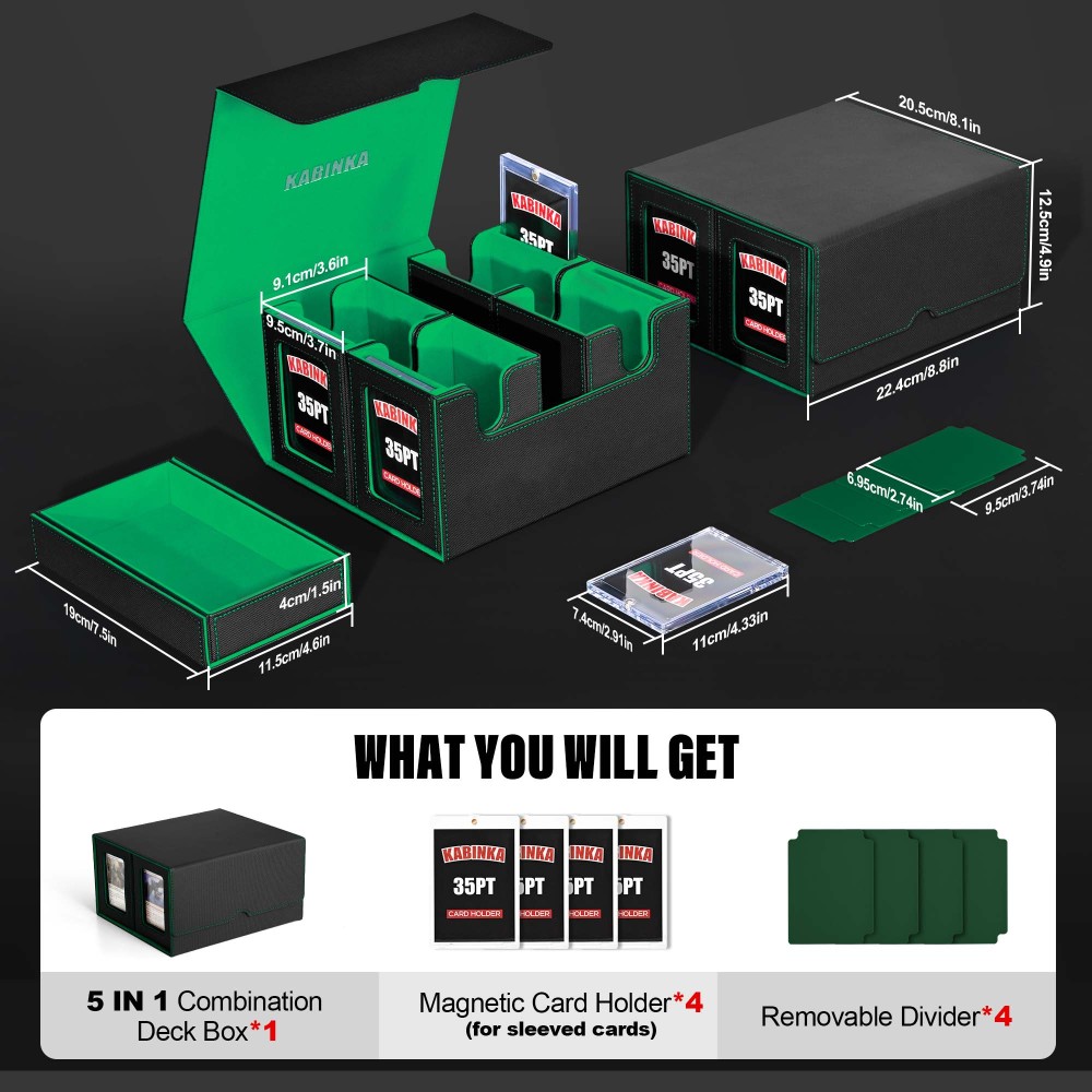 Card Deck Box for MTG with Commander Display, 5 in 1 Card Storage Box Fits 400+ Double-sleeved Cards, Removable Deck Case for TCG/Sports Cards with Dice Tray, 4 Magnetic Card Holders (Black Green)