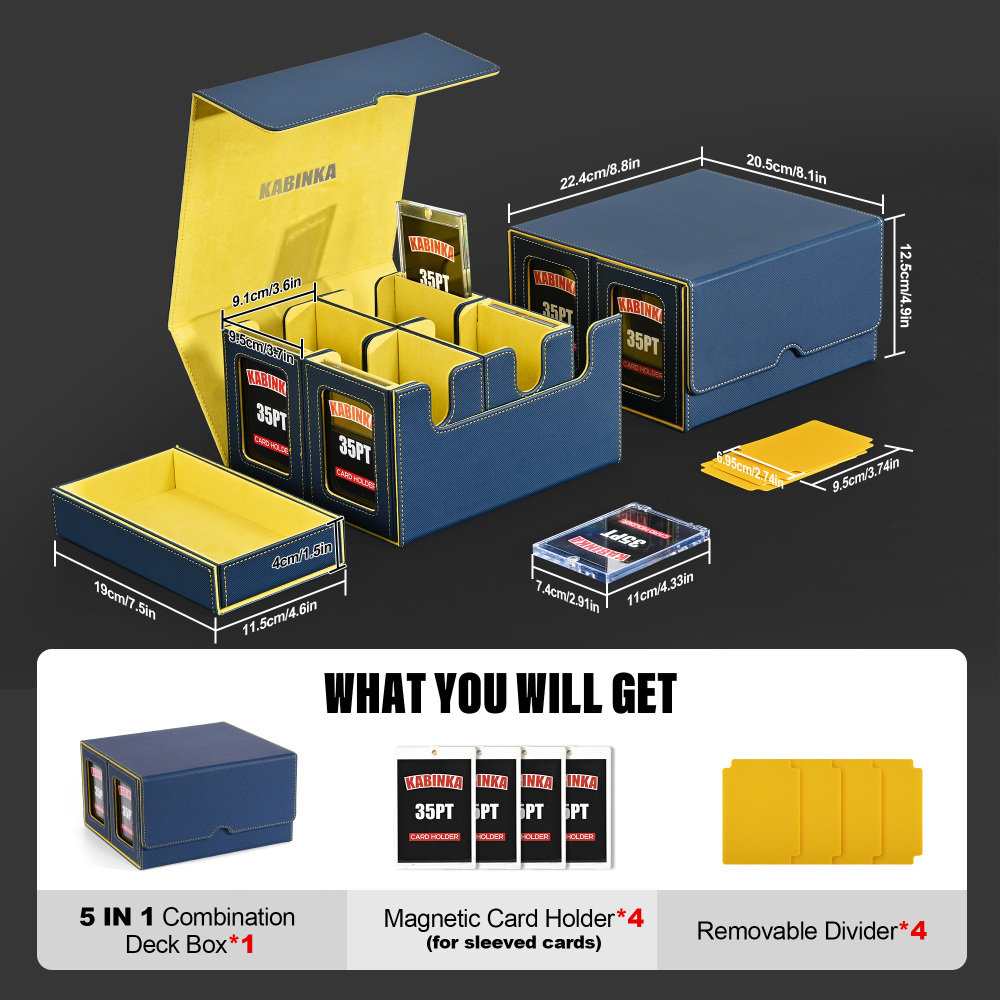 Kabinka Commander Deck Box for MTG Fits 400+ Double-Sleeved Card Storage, 5 IN 1 Removable Card Case with Dice Tray, Display Window for TCG/PTCG/EDH, 4 Magnetic One Touch Holders (Blue Yellow)