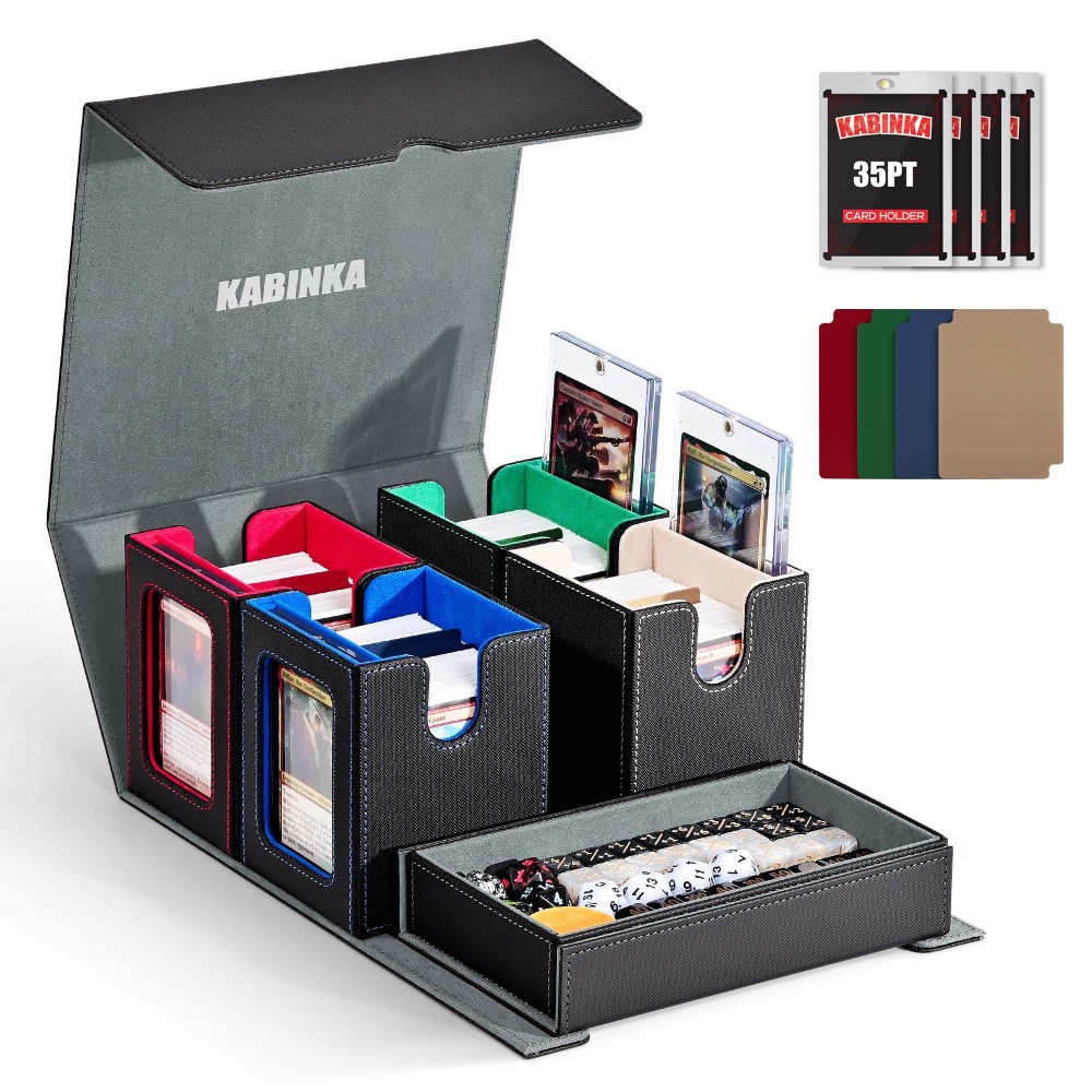 Card Deck Box for MTG with Commander Display, 5 in 1 Card Storage Box Fits 400+ Double-sleeved Cards, Removable Deck Case for TCG/Sports Cards with Dice Tray, 4 Magnetic Card Holders (Green White)