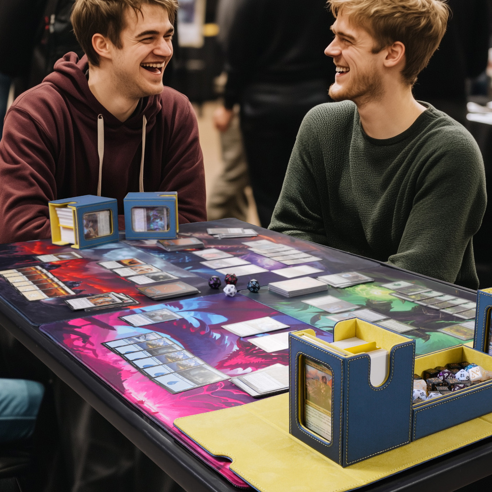 Kabinka Commander Deck Box for MTG Fits 400+ Double-Sleeved Card Storage, 5 IN 1 Removable Card Case with Dice Tray, Display Window for TCG/PTCG/EDH, 4 Magnetic One Touch Holders (Blue Yellow)