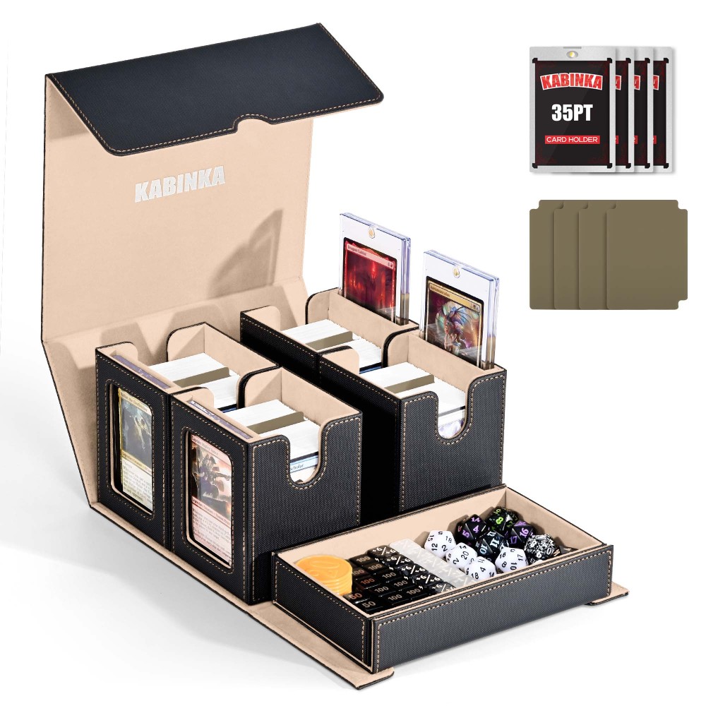 Kabinka Commander Deck Box for MTG Fits 400+ Double-Sleeved Card Storage, 5 IN 1 Removable Card Case with Dice Tray, Display Window for TCG/PTCG/EDH, 4 Magnetic One Touch Holders (Black)