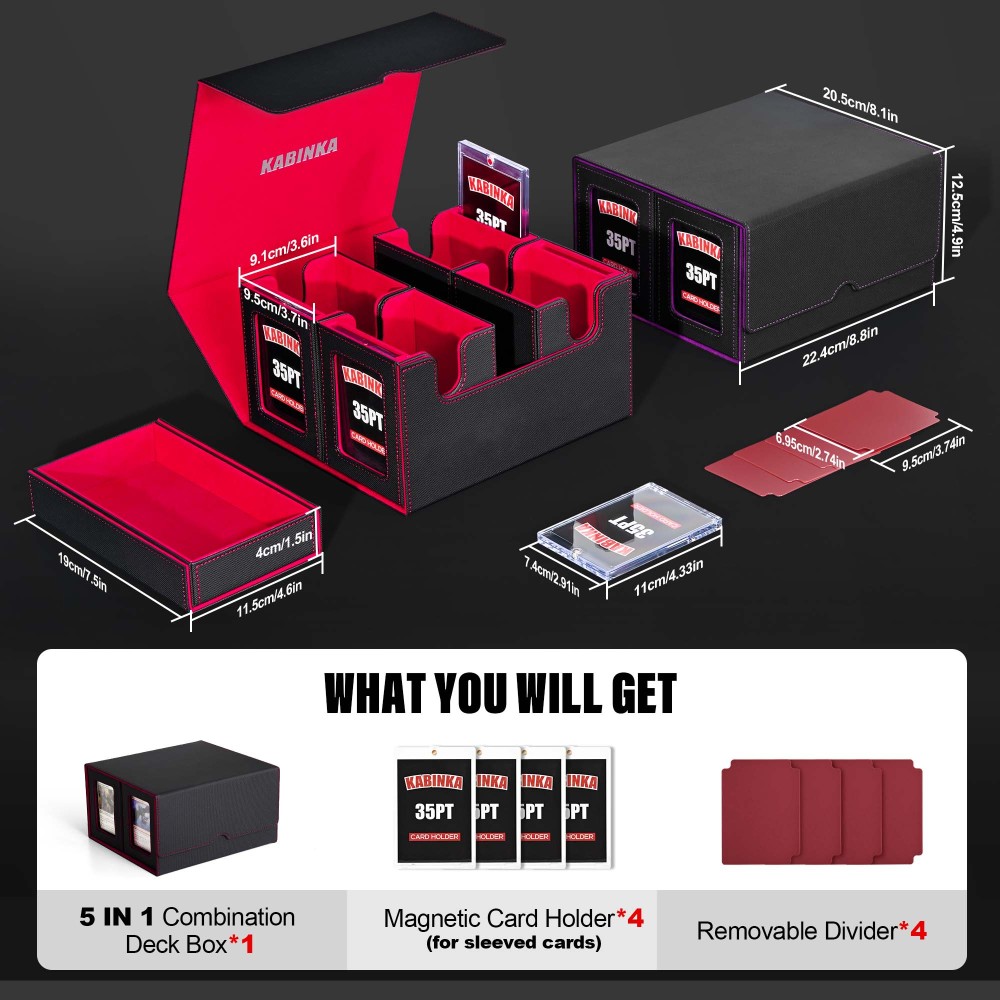 Kabinka Commander Deck Box for MTG Fits 400+ Double-Sleeved Card Storage, 5 IN 1 Removable Card Case with Dice Tray, Display Window for TCG/PTCG/EDH, 4 Magnetic One Touch Holders (Black Red)