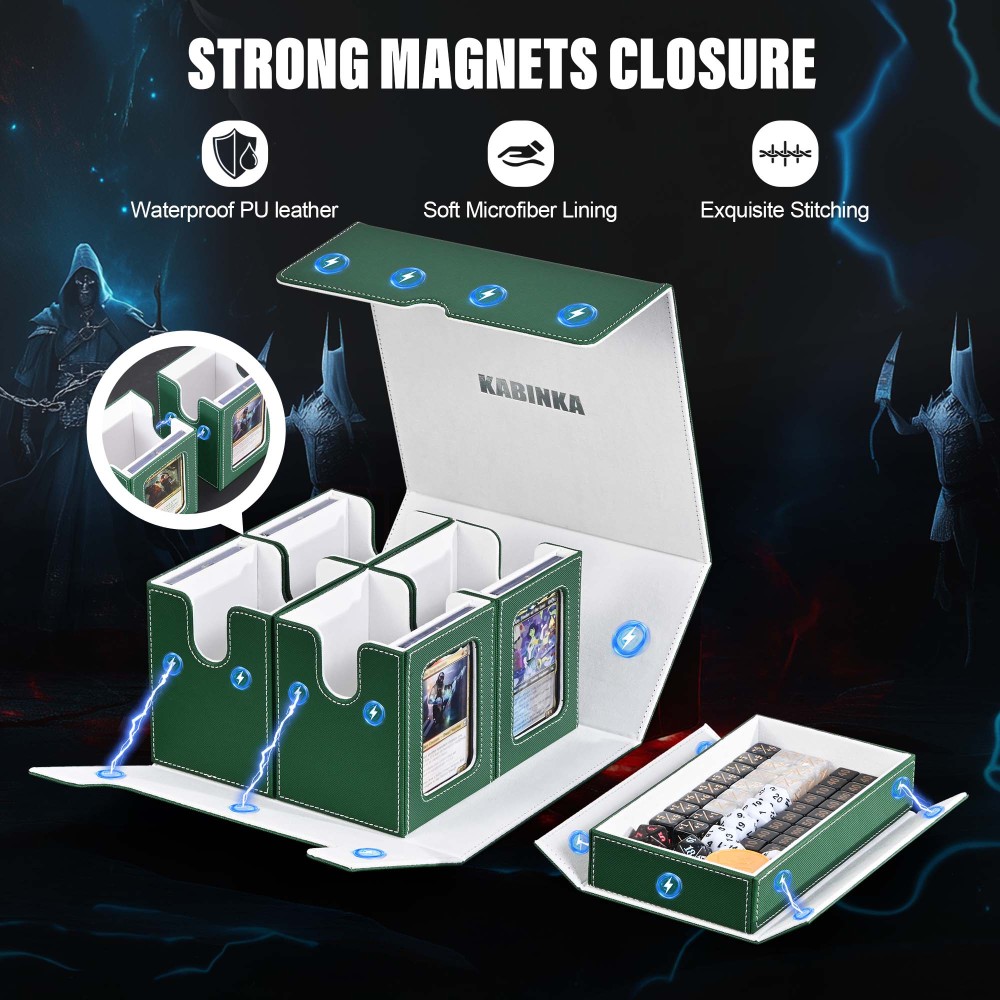 Card Deck Box for MTG with Commander Display, 5 in 1 Card Storage Box Fits 400+ Double-sleeved Cards, Removable Deck Case for TCG/Sports Cards with Dice Tray, 4 Magnetic Card Holders (Green White)