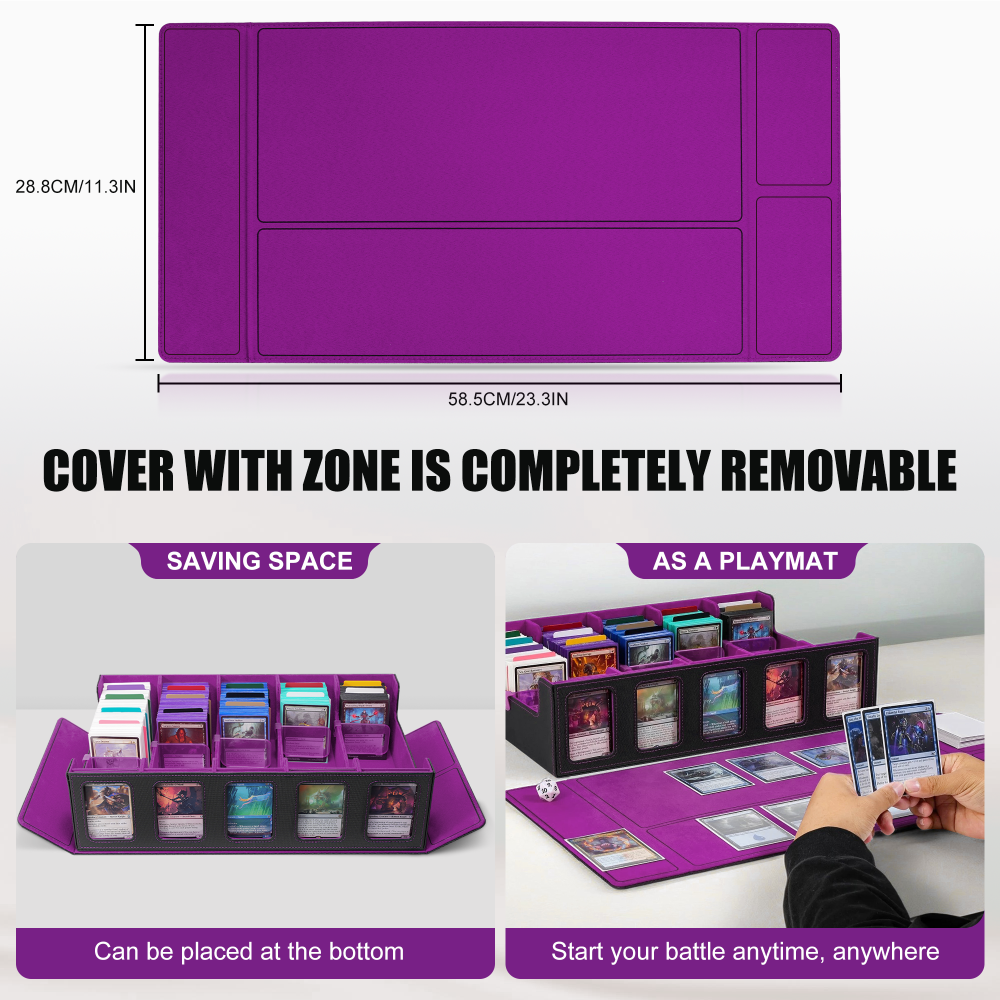 Trading Card Storage Box with Commander Display , 5-Row Deck Case with Removable Lid; 3900+ Card Deck Box for MTG TCG Sports Card, 5 Toploaders, 5 Stoppers, 48 Dividers,1 Dice Tray (Black Purple)