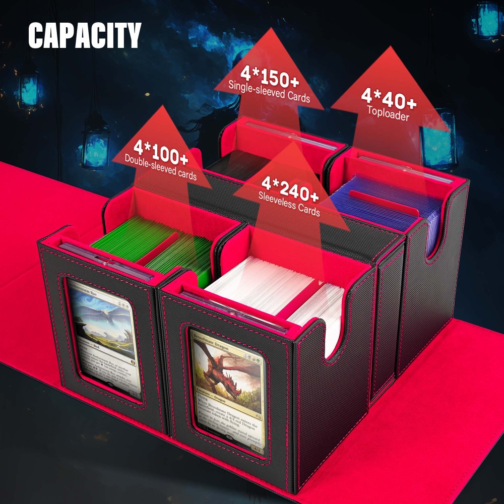 Kabinka Commander Deck Box for MTG Fits 400+ Double-Sleeved Card Storage, 5 IN 1 Removable Card Case with Dice Tray, Display Window for TCG/PTCG/EDH, 4 Magnetic One Touch Holders (Black Red)