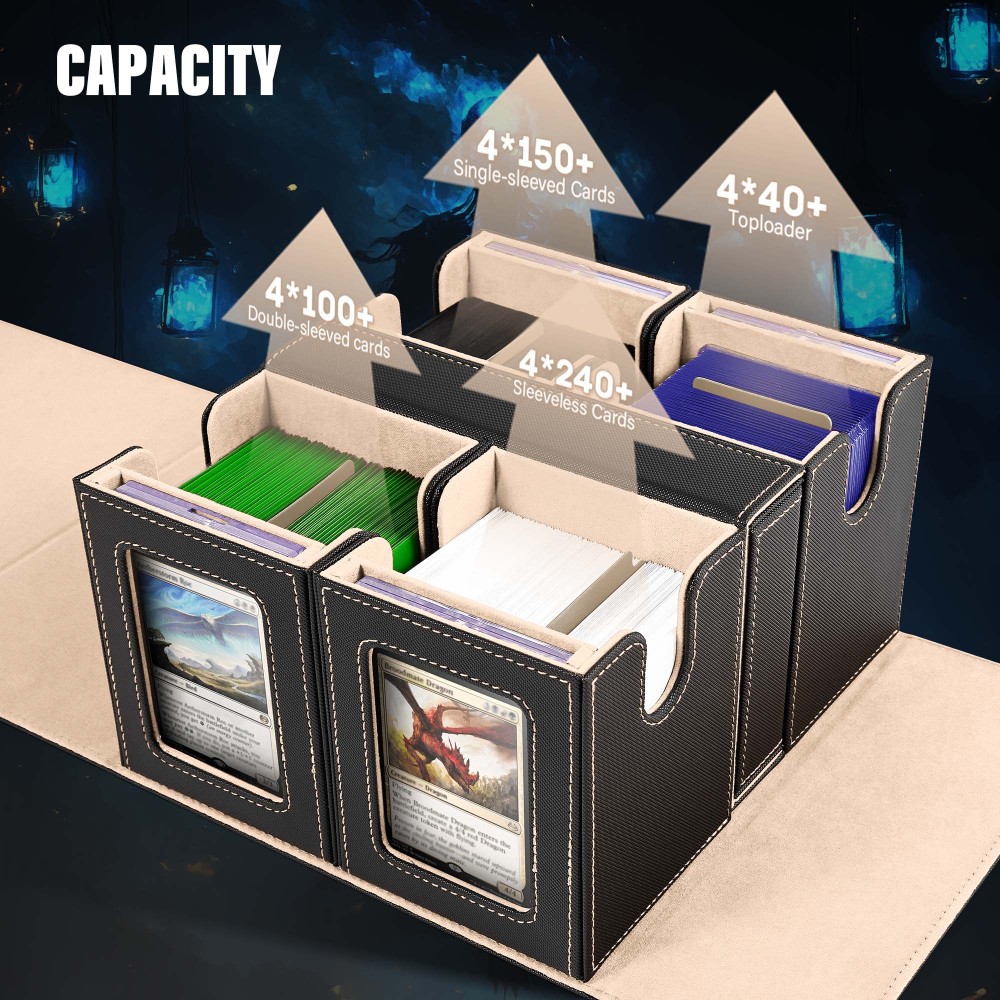 Card Deck Box for MTG with Commander Display, 5 in 1 Card Storage Box Fits 400+ Double-sleeved Cards, Removable Deck Case for TCG/Sports Cards with Dice Tray, 4 Magnetic Card Holders (Black Gold)