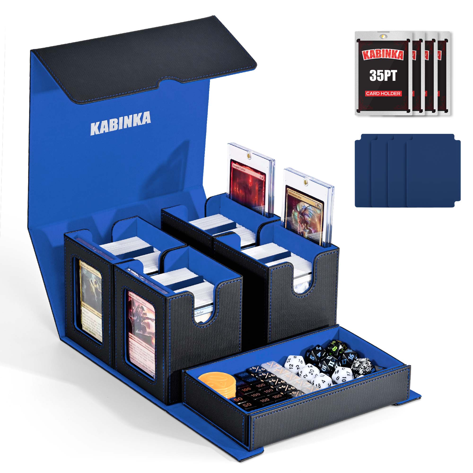 Card Deck Box for MTG with Commander Display, 5 in 1 Card Storage Box Fits 400+ Double-sleeved Cards, Removable Deck Case for TCG/Sports Cards with Dice Tray, 4 Magnetic Card Holders (Black Blue)