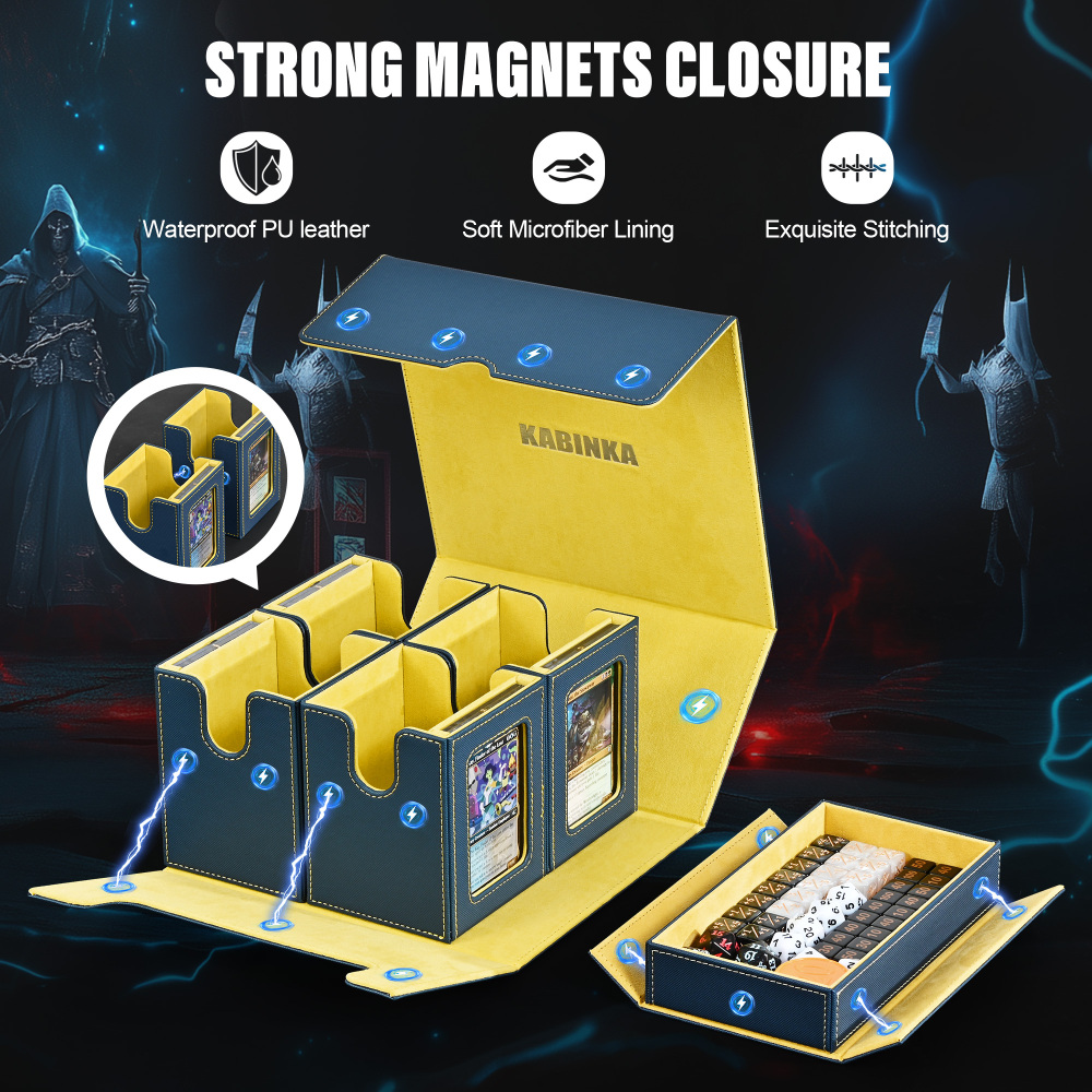 Kabinka Commander Deck Box for MTG Fits 400+ Double-Sleeved Card Storage, 5 IN 1 Removable Card Case with Dice Tray, Display Window for TCG/PTCG/EDH, 4 Magnetic One Touch Holders (Blue Yellow)