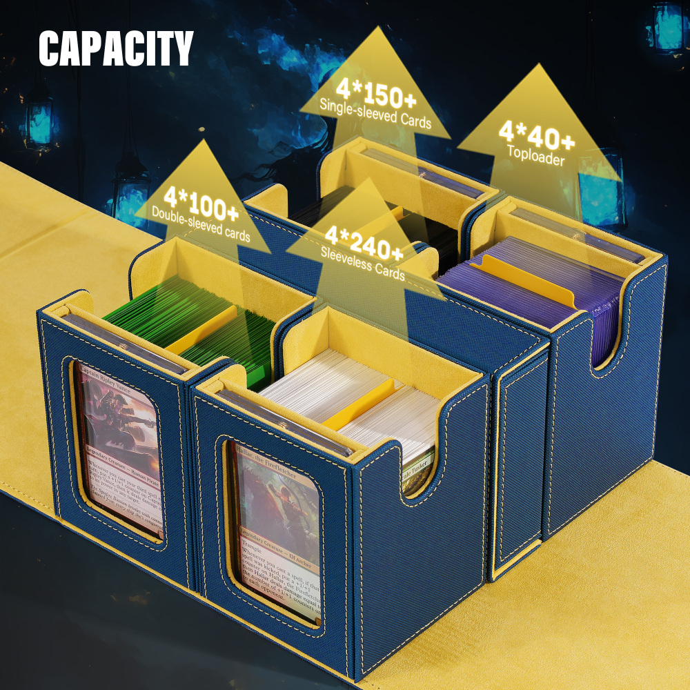 Kabinka Commander Deck Box for MTG Fits 400+ Double-Sleeved Card Storage, 5 IN 1 Removable Card Case with Dice Tray, Display Window for TCG/PTCG/EDH, 4 Magnetic One Touch Holders (Blue Yellow)
