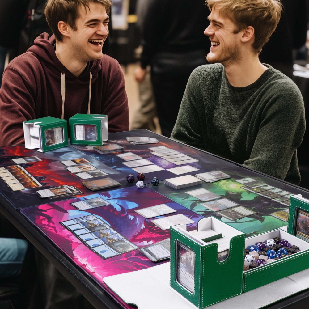 Card Deck Box for MTG with Commander Display, 5 in 1 Card Storage Box Fits 400+ Double-sleeved Cards, Removable Deck Case for TCG/Sports Cards with Dice Tray, 4 Magnetic Card Holders (Green White)