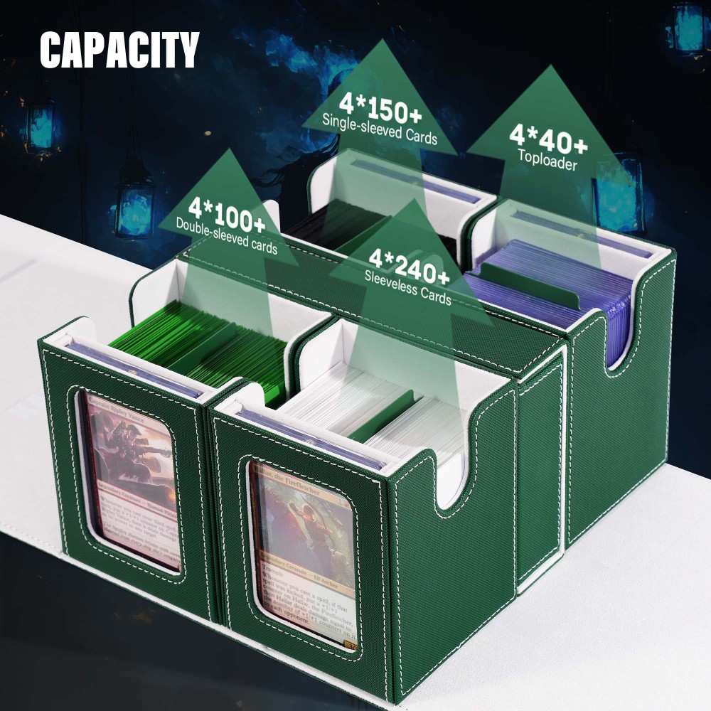Card Deck Box for MTG with Commander Display, 5 in 1 Card Storage Box Fits 400+ Double-sleeved Cards, Removable Deck Case for TCG/Sports Cards with Dice Tray, 4 Magnetic Card Holders (Green White)