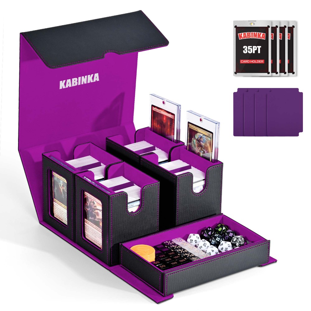 Kabinka Commander Deck Box for MTG Fits 400+ Double-Sleeved Card Storage, 5 IN 1 Removable Card Case with Dice Tray, Display Window for TCG/PTCG/EDH, 4 Magnetic One Touch Holders (Black Purple)