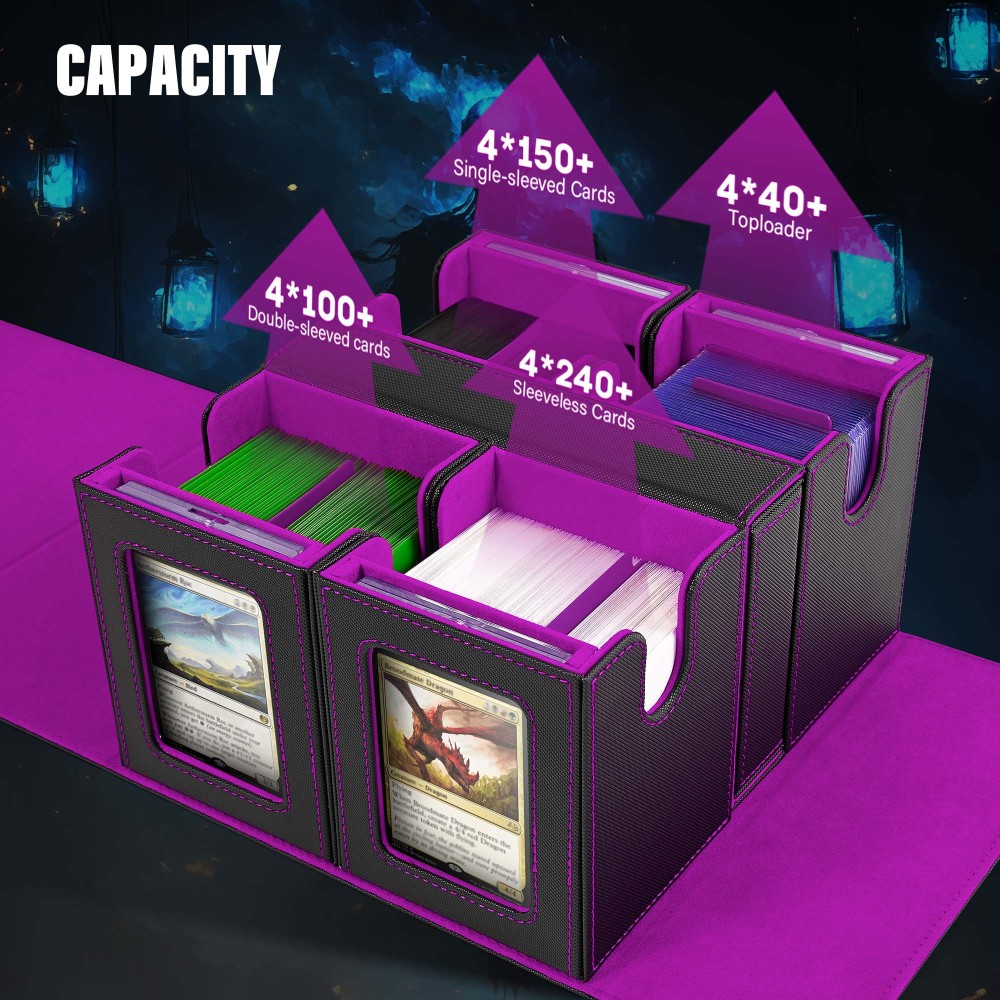 Kabinka Commander Deck Box for MTG Fits 400+ Double-Sleeved Card Storage, 5 IN 1 Removable Card Case with Dice Tray, Display Window for TCG/PTCG/EDH, 4 Magnetic One Touch Holders (Black Purple)