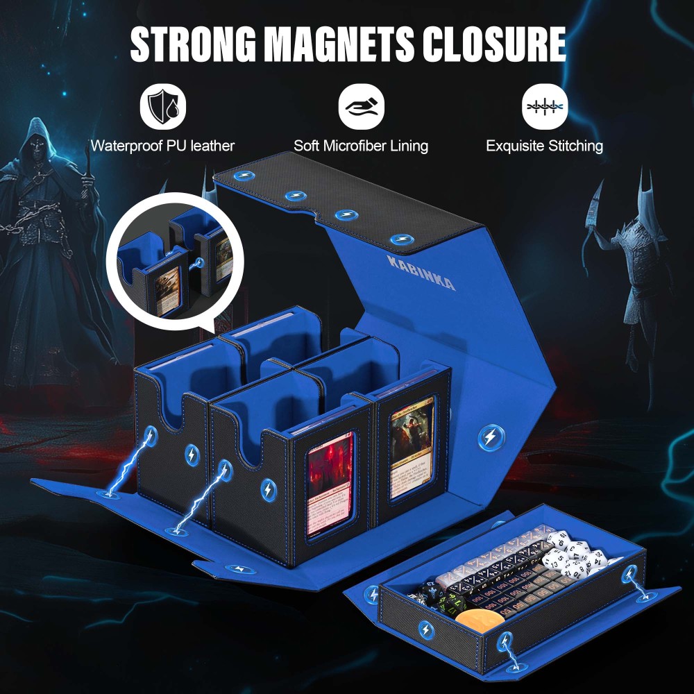Card Deck Box for MTG with Commander Display, 5 in 1 Card Storage Box Fits 400+ Double-sleeved Cards, Removable Deck Case for TCG/Sports Cards with Dice Tray, 4 Magnetic Card Holders (Black Blue)