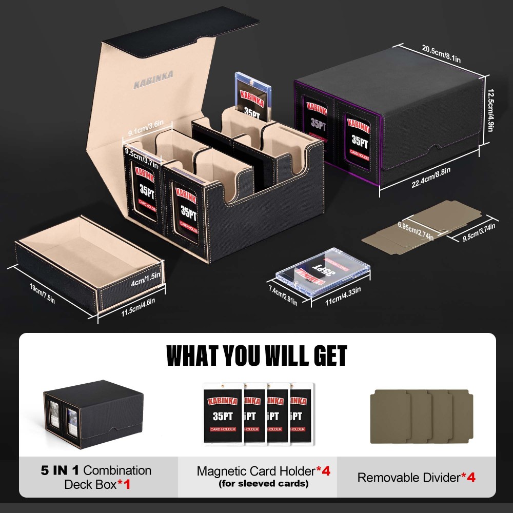 Card Deck Box for MTG with Commander Display, 5 in 1 Card Storage Box Fits 400+ Double-sleeved Cards, Removable Deck Case for TCG/Sports Cards with Dice Tray, 4 Magnetic Card Holders (Black Gold)