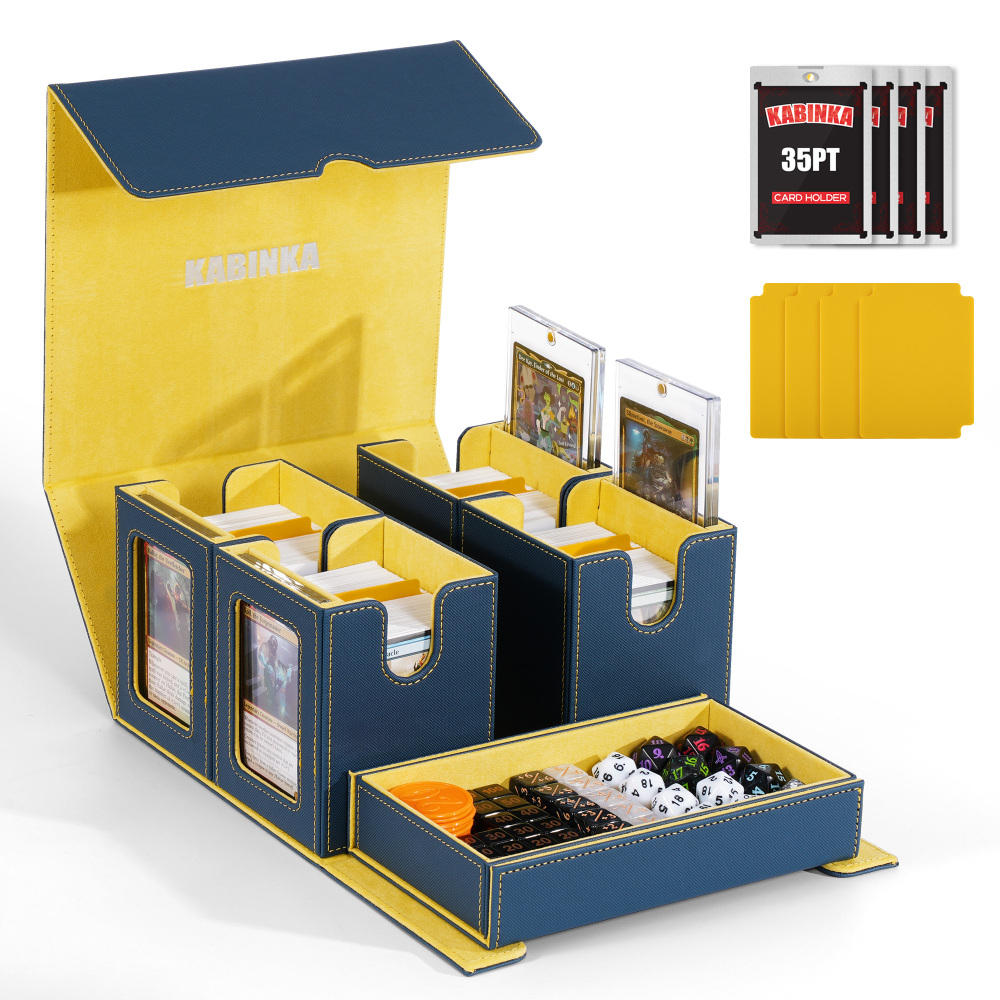 Kabinka Commander Deck Box for MTG Fits 400+ Double-Sleeved Card Storage, 5 IN 1 Removable Card Case with Dice Tray, Display Window for TCG/PTCG/EDH, 4 Magnetic One Touch Holders (Blue Yellow)