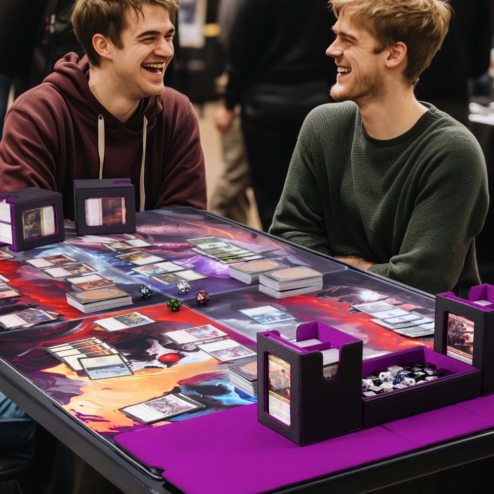 Kabinka Commander Deck Box for MTG Fits 400+ Double-Sleeved Card Storage, 5 IN 1 Removable Card Case with Dice Tray, Display Window for TCG/PTCG/EDH, 4 Magnetic One Touch Holders (Black Purple)