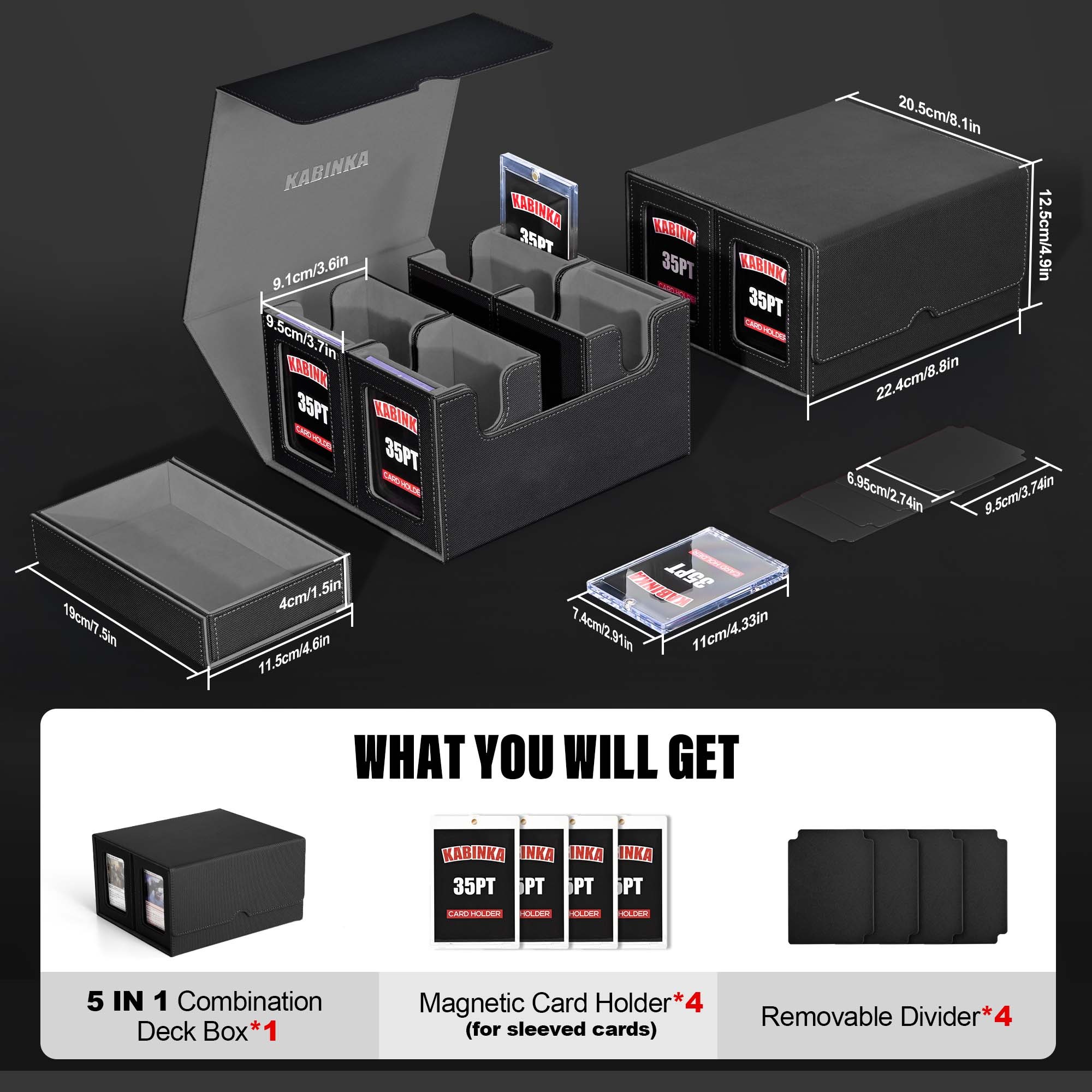 Kabinka Commander Deck Box for MTG Fits 400+ Double-Sleeved Card Storage, 5 IN 1 Removable Card Case with Dice Tray, Display Window for TCG/PTCG/EDH, 4 Magnetic One Touch Holders (Black)